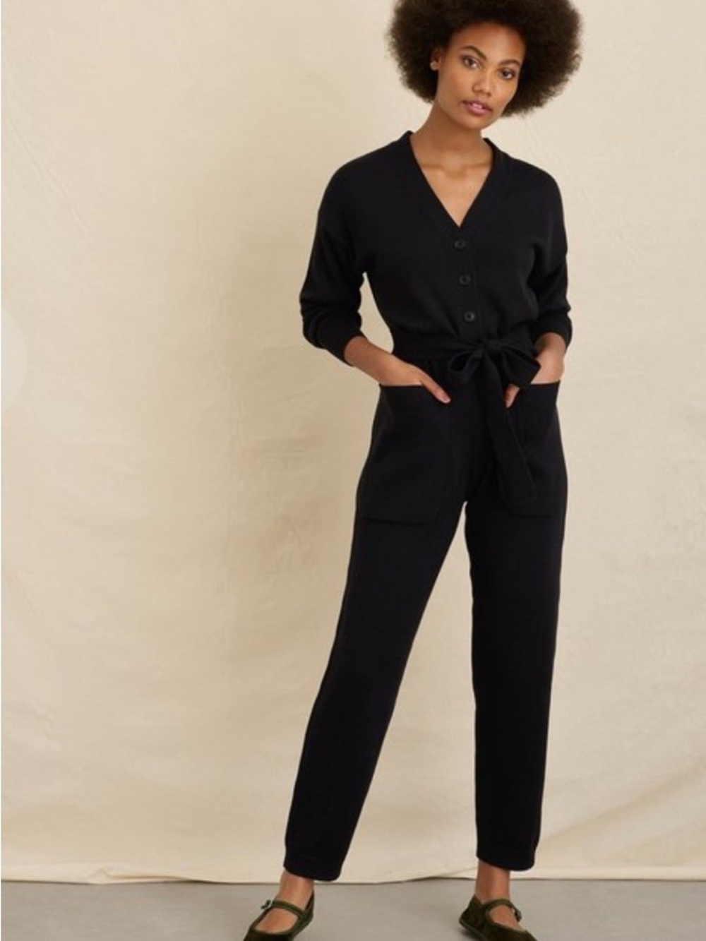 Alex Mill Merino Wool Cotton Blend Black Knit Jumpsuit with Tie Waist - Picture 2 of 13